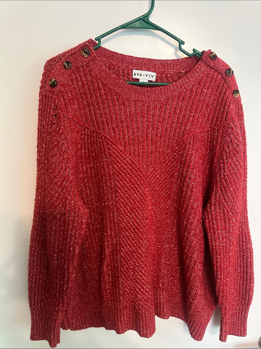 Ava & Viv Red Ribbed Button-Shoulder Crew Sweater
